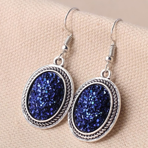 Any 4/$25! Silver & Navy Blue Glitter Oval Drop Earrings - Picture 2 of 5